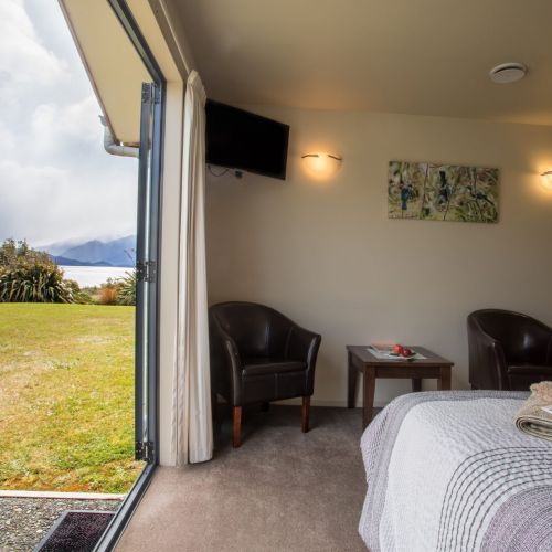 Bedroom with lake and mountain views